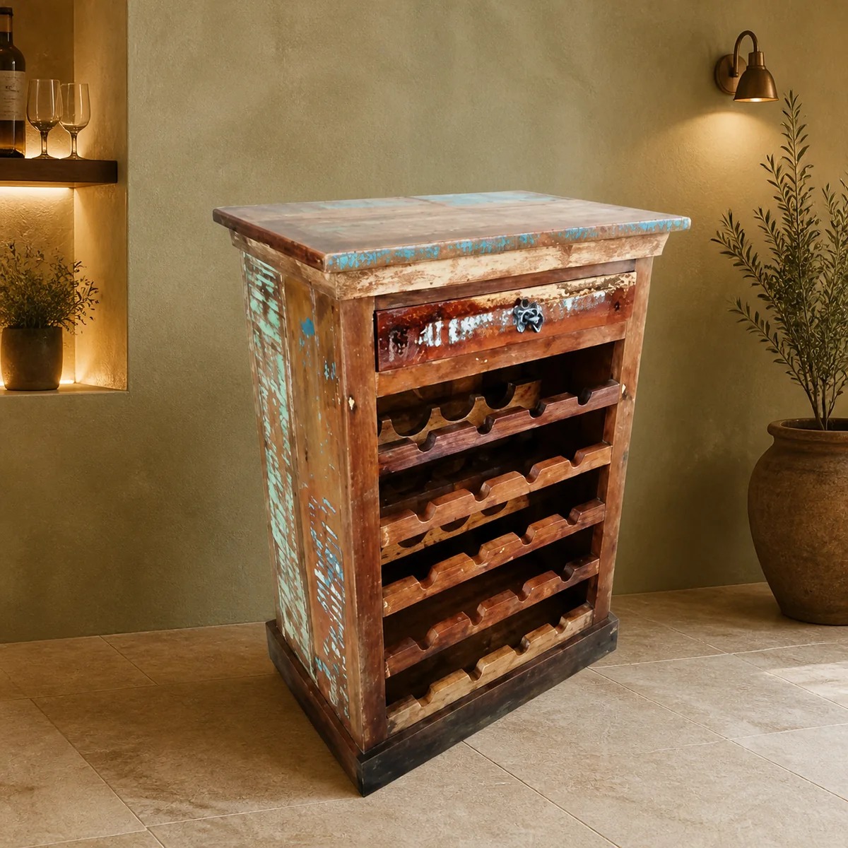 Kalahari Wine Drawer Cabinet staged in a curated room setting one.