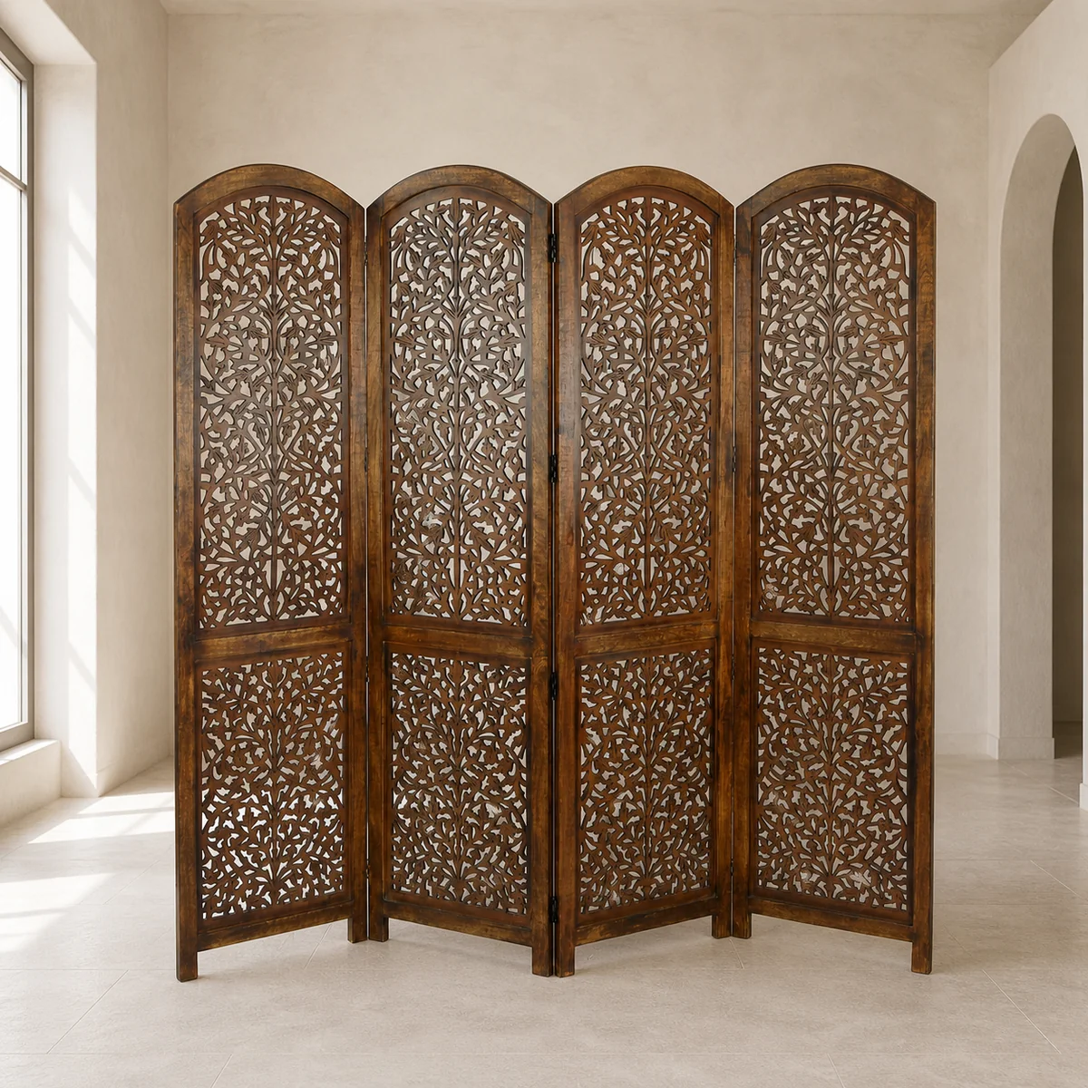 Mopane Arch Room Screen staged in a serene bedroom dressing area.