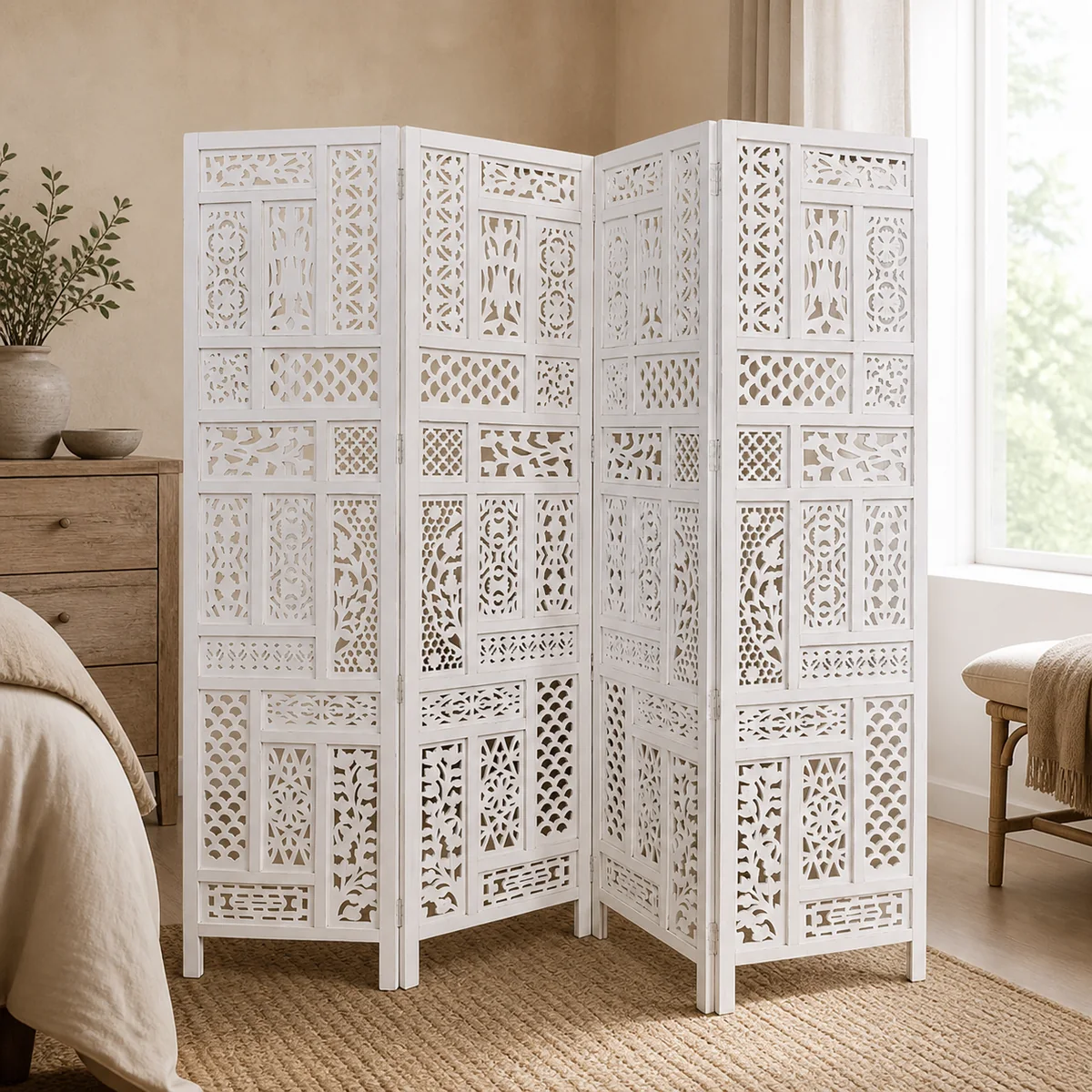 Ombili Carved Room Screen staged in a light-filled bedroom dressing area.