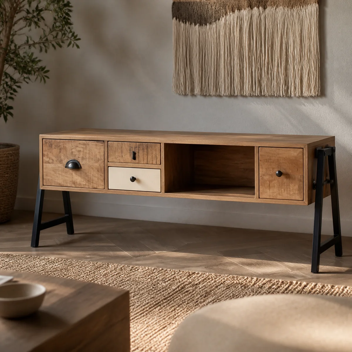 Ongava Open-Bay Media Console staged in a relaxed family living room.