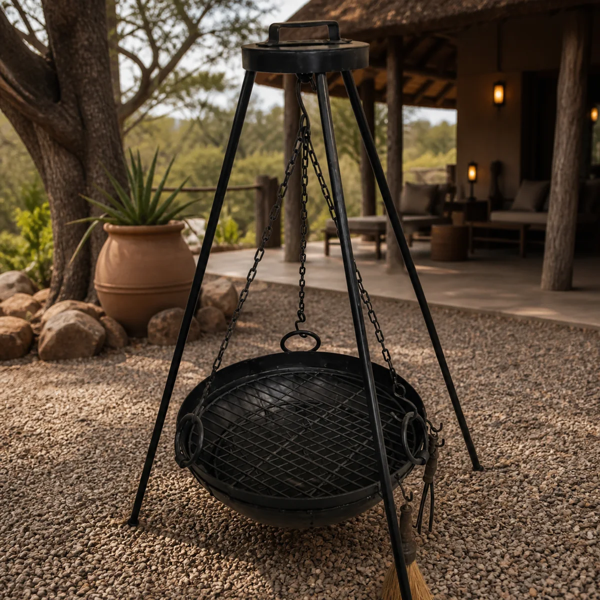 Bushveld Tripod Braai Basket staged in a gravel lodge courtyard.