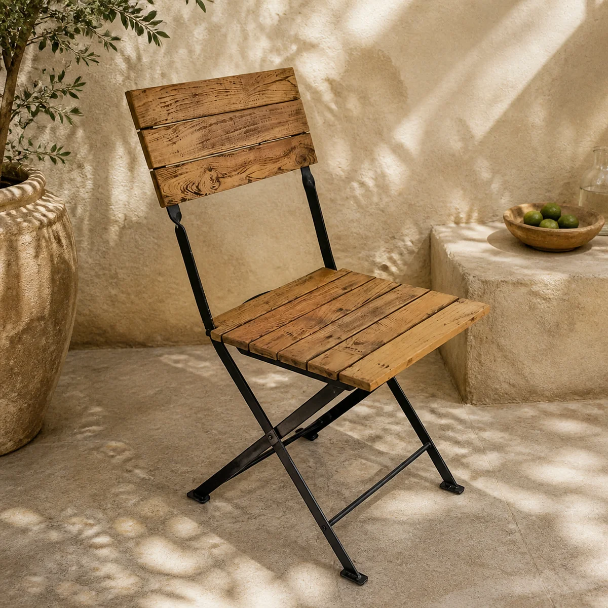 Dune Slat Folding Chair staged in a sunny courtyard.