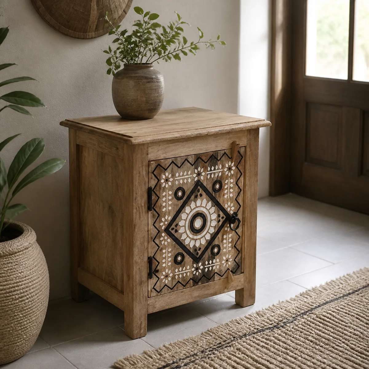 Mandala Inlay Cabinet staged in a refined entry hall.