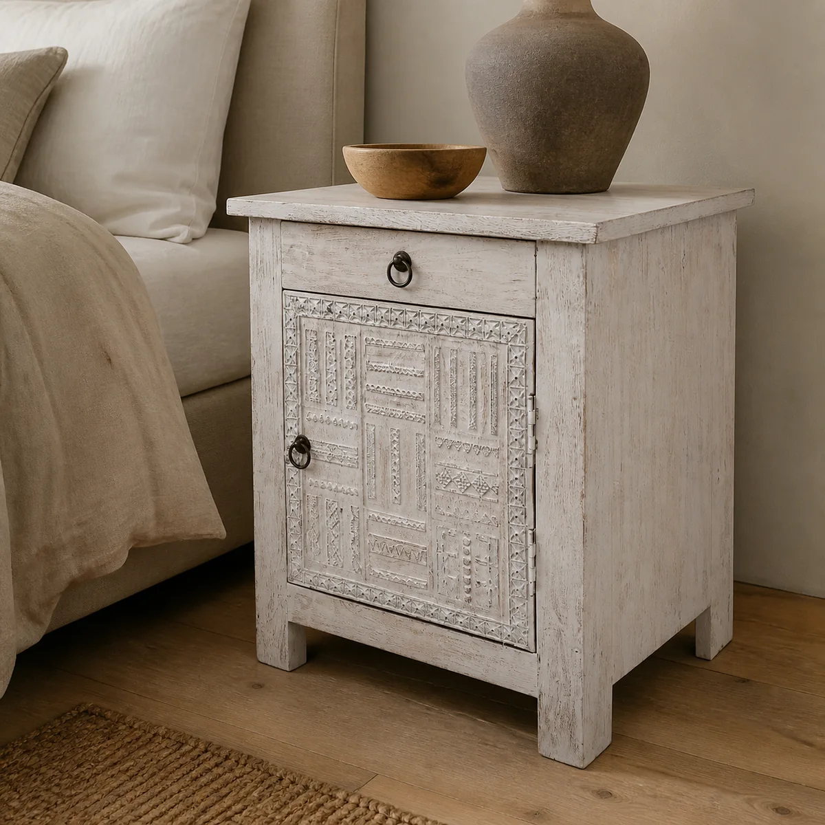 Ombili Single-Door Bedside Cabinet staged in a soft neutral bedroom.