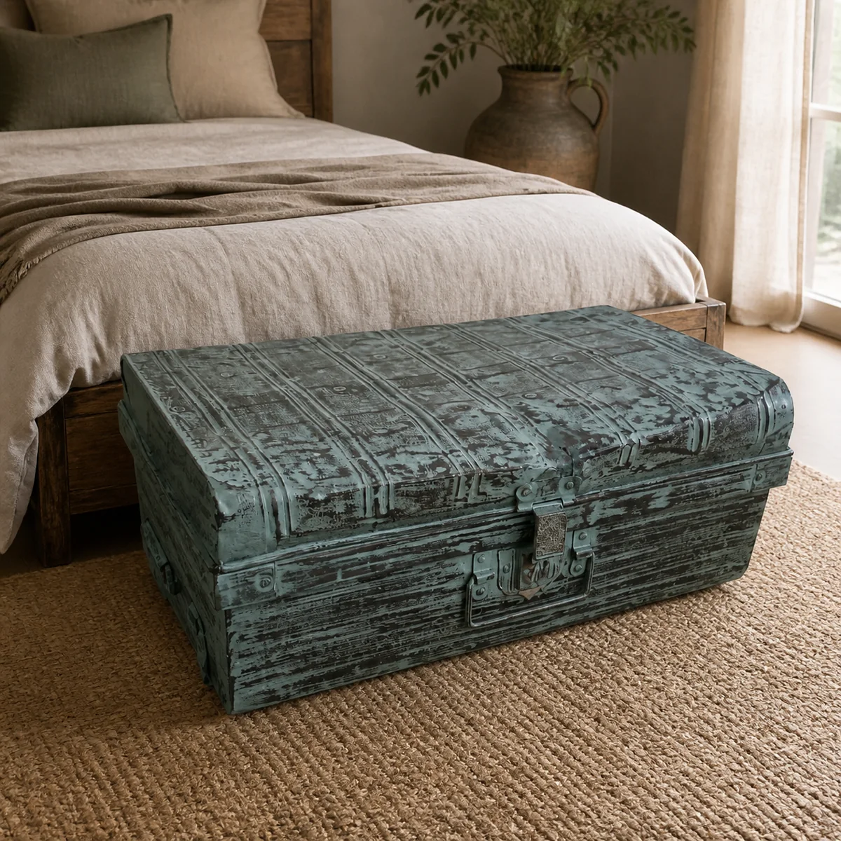 Ovahimba Carved Storage Chest staged in a relaxed bedroom.