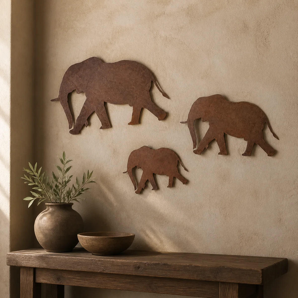 Etosha Elephant Wall Trio staged in a boutique-lodge entry hall.