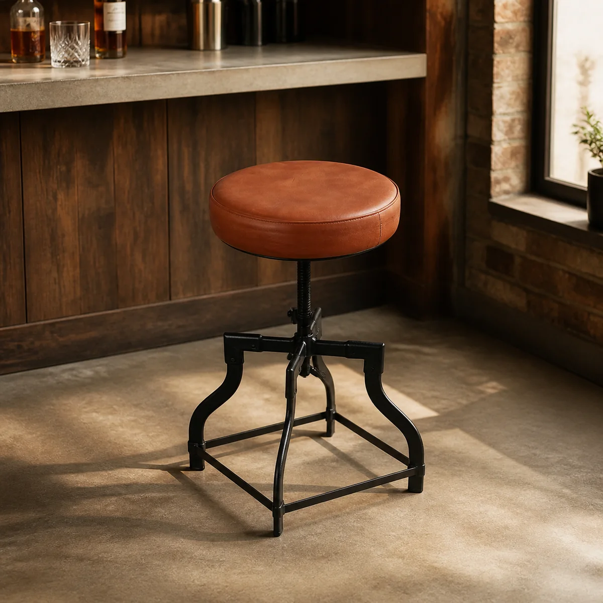 Sundowner Leather Stool staged in a refined home bar.
