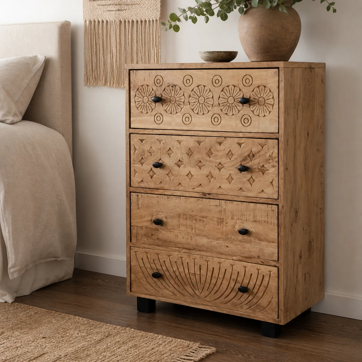 Mandala Four-Drawer Chest staged in a calm bedroom.